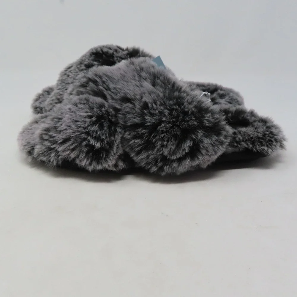 Cat & Jack Girls Faux‎ Fur Criss Cross Slippers Grey Black Medium 2/3 NEW